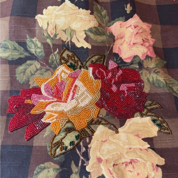 Cynthia Hart Los Angeles Floral Plaid Tote Bag Purse Bamboo Handles Gold Brown - Picture 14 of 14